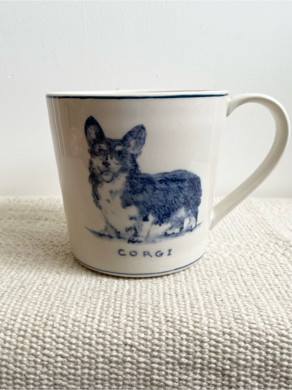 Anthropologie Molly Hatch 16oz Corgi Dog Mug Blue White Novelty Dog Mom Dog Dad